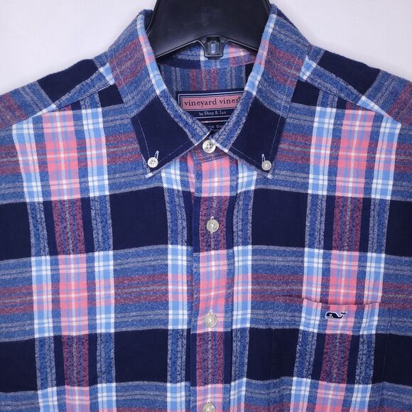 Vineyard Vines Tucker Shirt Mens Large Plaid Navy, Pink Flannel - Picture 1 of 10